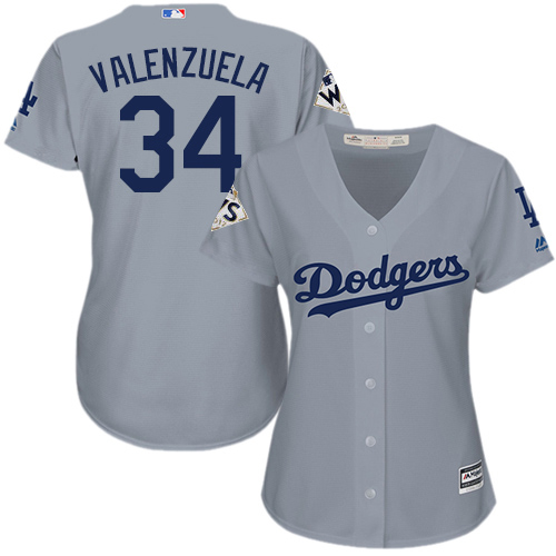 Dodgers #34 Fernando Valenzuela Grey Alternate Road World Series Bound Women's Stitched MLB Jersey